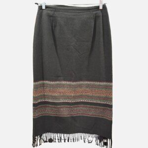 Michele Woven Black Fringe Hem Southwestern Band Pattern Midi Skirt (Size 12)